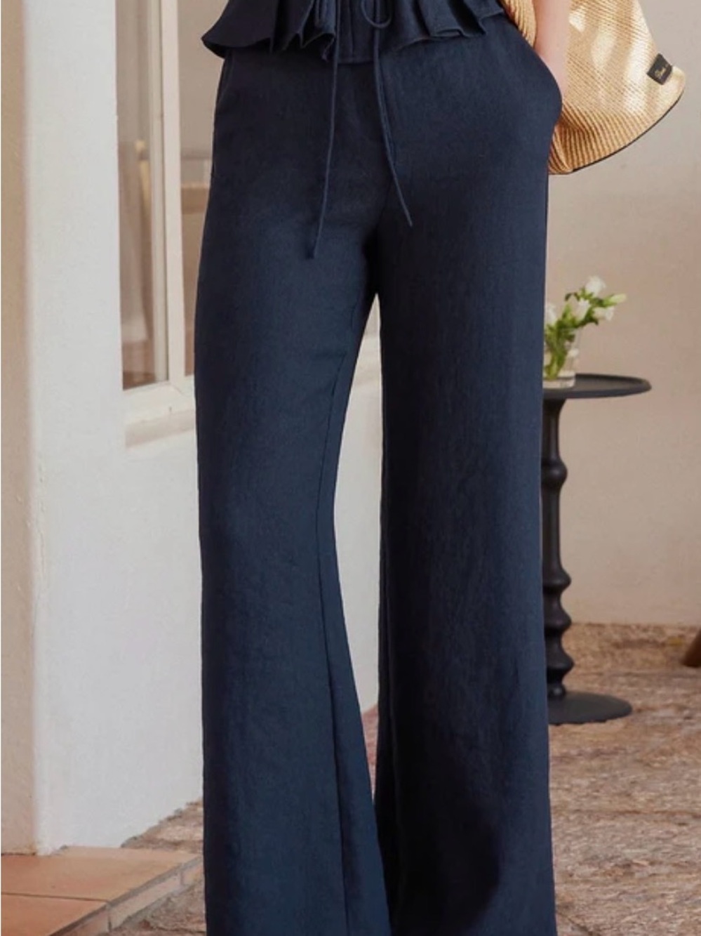 European Linen-Like Mid Rise Flared Pant with Pockets